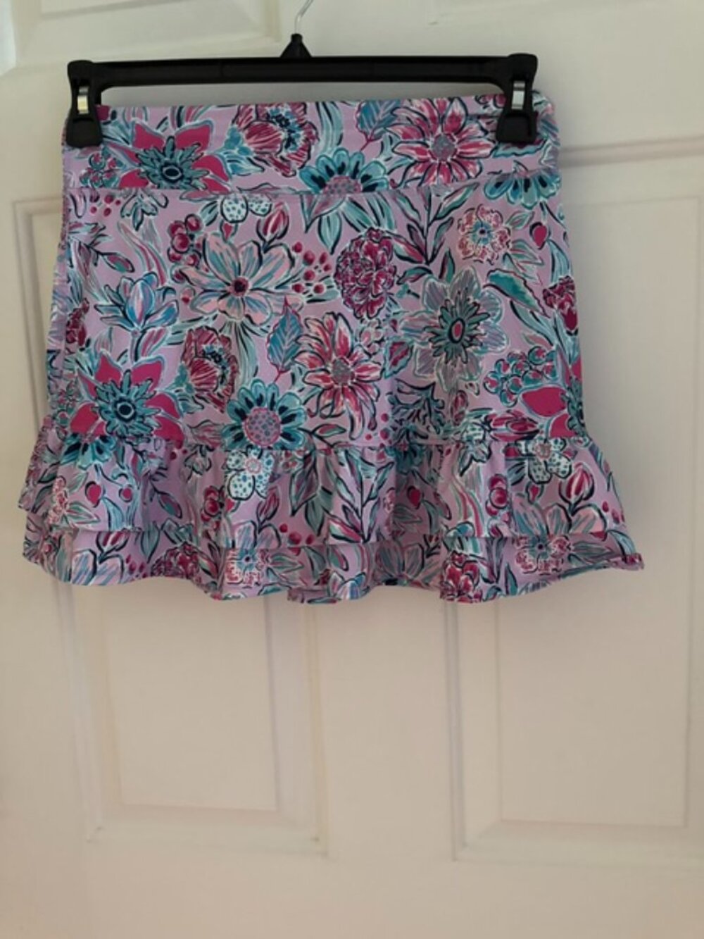 EUC GOTTEX Lilac Floral Double-Ruffle Knit Skort with Pockets Size Small